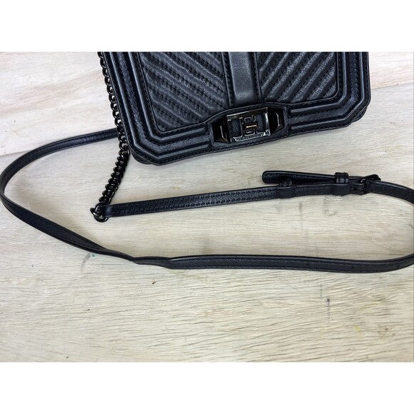 REBECCA MINKOFF Black Leather Quilted Chevron Chain Inset Strap Crossbody Purse - Picture 4 of 16